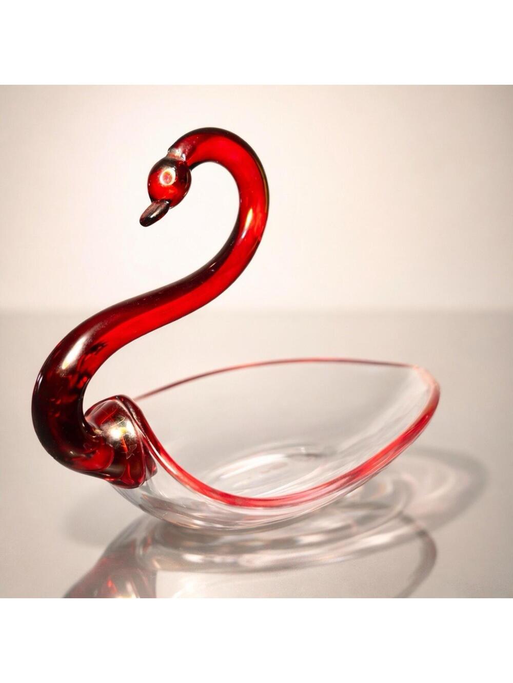 Duncan & Miller 1940s Swan Crystal & Ruby Art Glass Figurine Dish, 7x5x6”